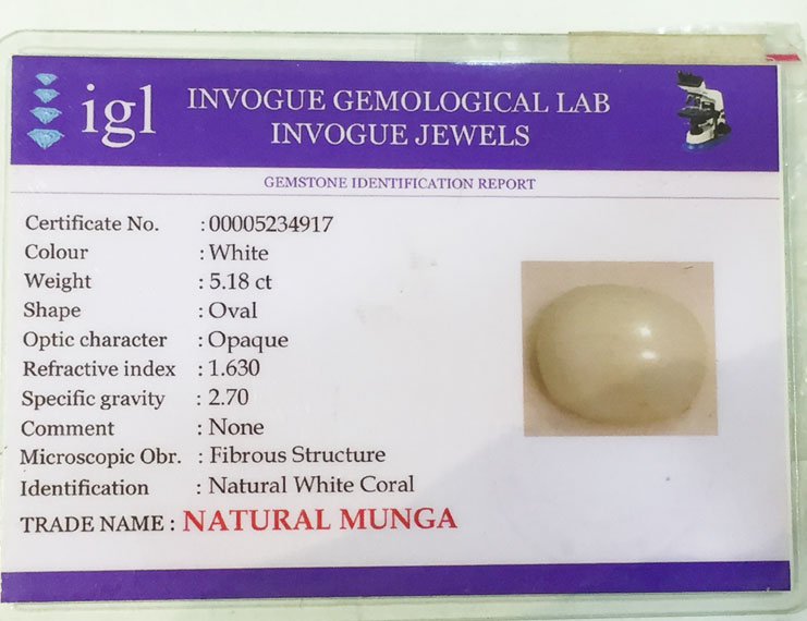 5.60 ratti/5.18 ct Natural Certified  White Coral/सफ़ेद मूंगा